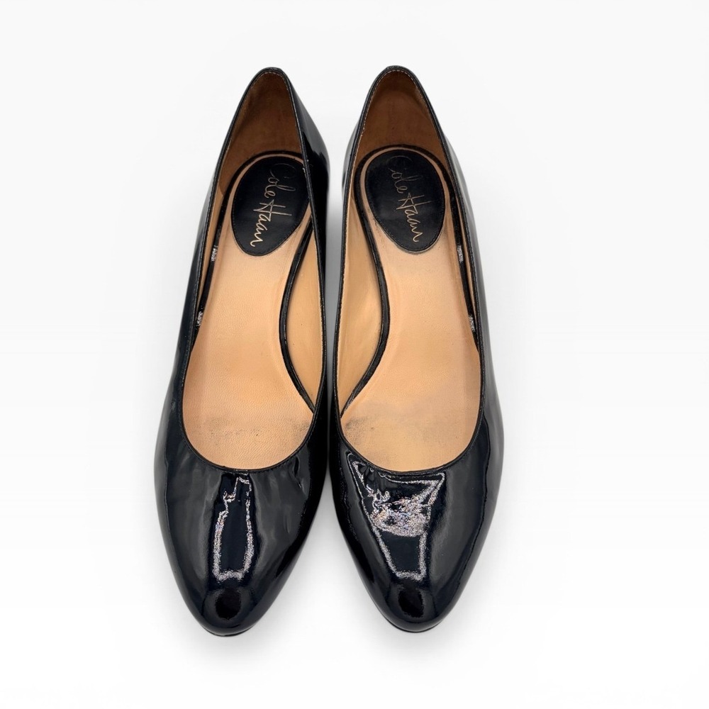 Cole Haan Nike Air Pumps 6.5 Classic Black Patent Leather Block Heel Round Toe - Picture 2 of 7